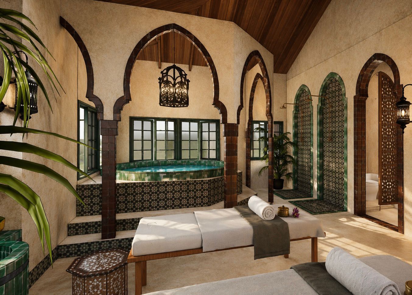 Zona de spa con jacuzzi, asientos y un arco decorativo.