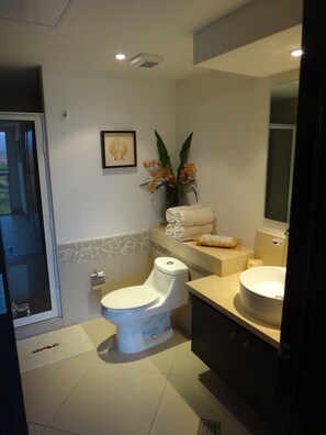 Shower, hair dryer, towels, soap