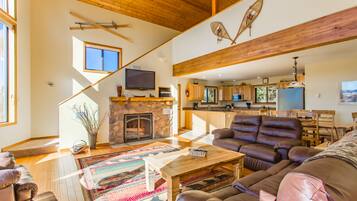 TV connectée, cheminée, lecteur de DVD, livres