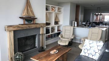 Smart TV, fireplace, DVD player, books