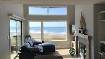 Smart TV, fireplace, DVD player, books