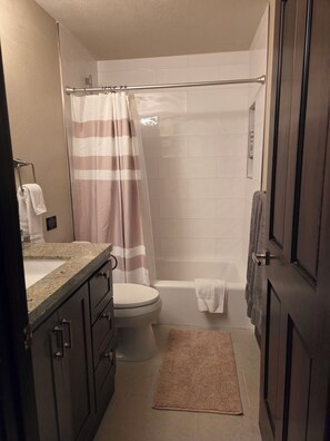 Combined shower/tub, hair dryer, towels, soap