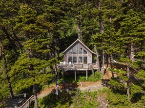 A cabin surrounded by dense forest, with a deck and outdoor seating area. - Honeymoon Cove- Exclusive Beach, Ocean View & Spa (Gold Beach)