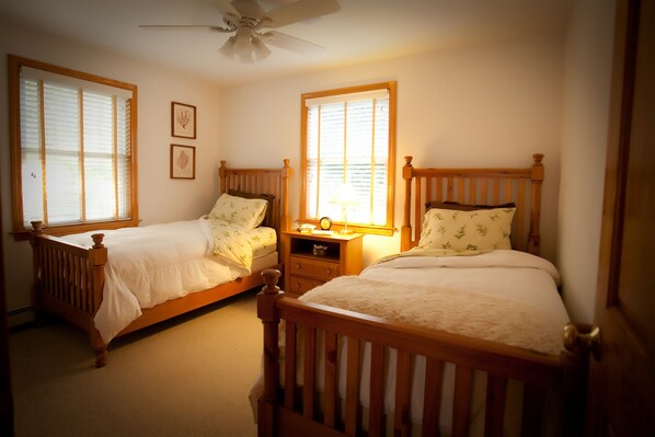 A bedroom with two wooden beds, a nightstand with a lamp, and a ceiling fan.
