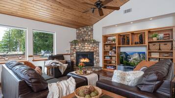 Televisión, chimenea, futbolito y libros