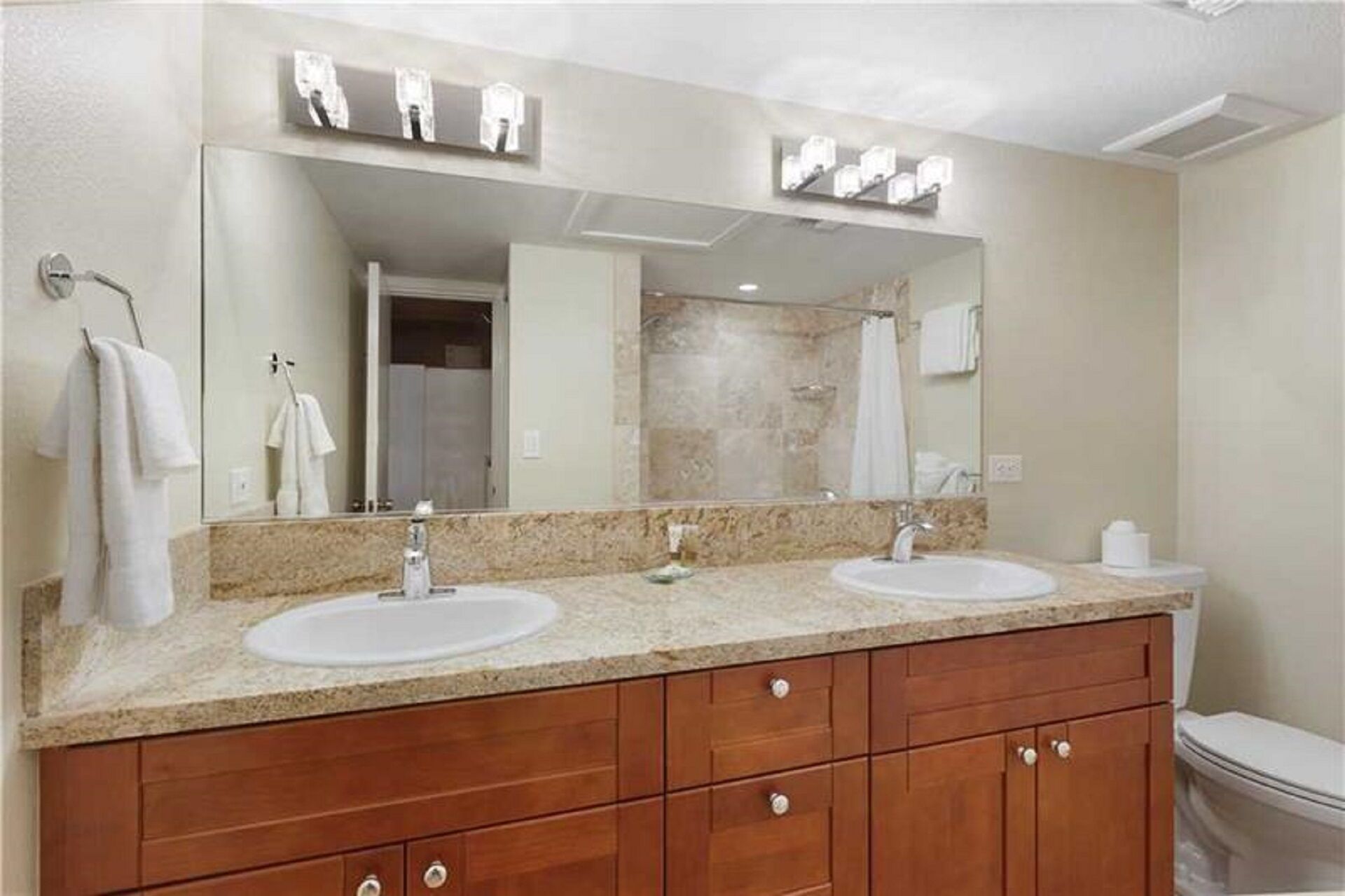 Hair dryer, towels, soap, toilet paper