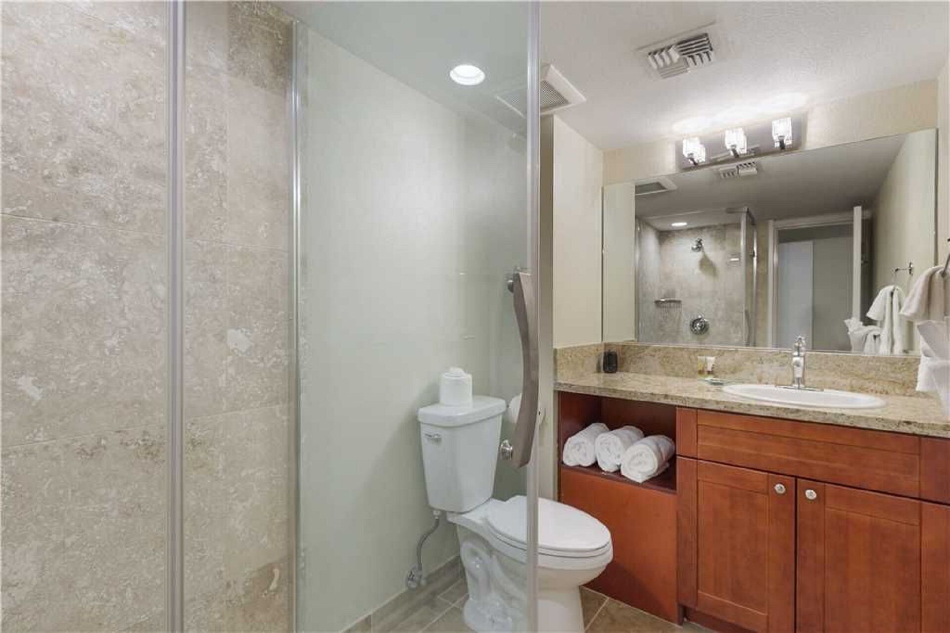 Hair dryer, towels, soap, toilet paper