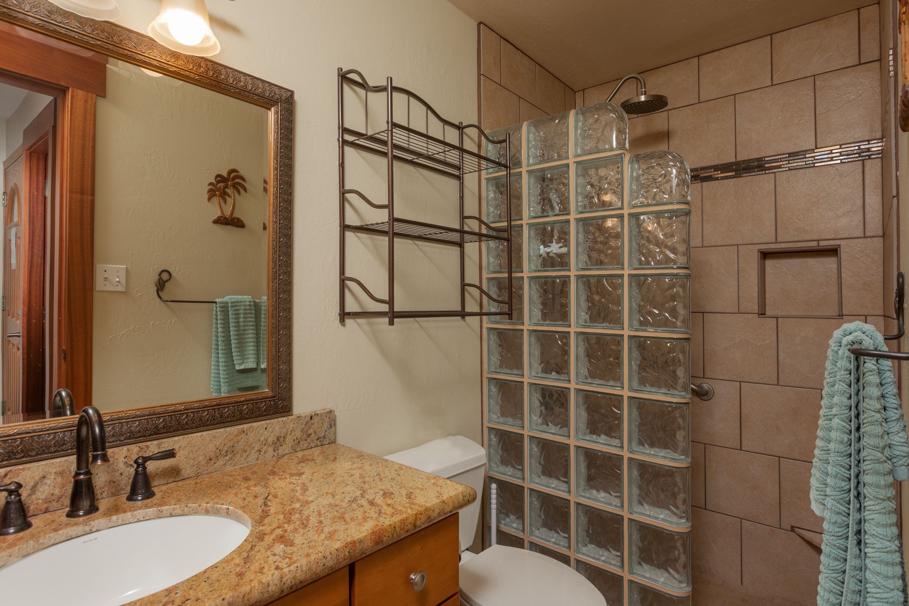 Hair dryer, towels, soap, shampoo