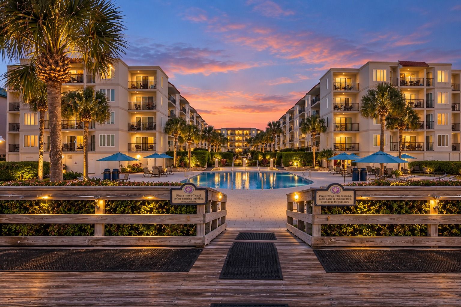 Ein Resort mit einem zentralen Pool, mehreren Balkonen und einer Holzterrasse, die zum Pool führt.