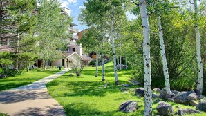 A pathway leading to a building with a sloped roof, surrounded by birch trees and a grassy area with rocks. - ✨ Mountain Village Studio Loft ⎮Fireplace + WIFI + Hot Tubs (Steamboat Springs)