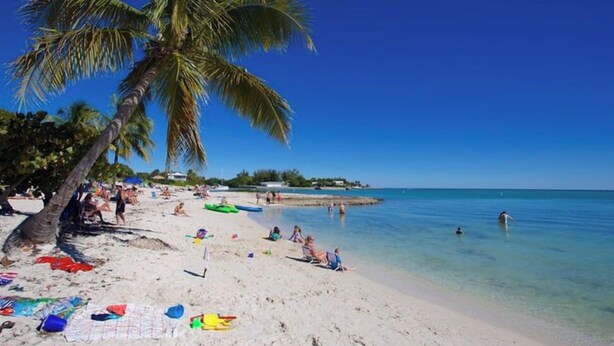 Ein Strand mit Palmen, klarem blauen Wasser und entspannten Menschen.