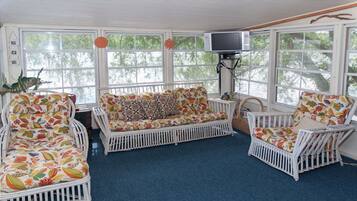 Smart TV, fireplace, DVD player, books