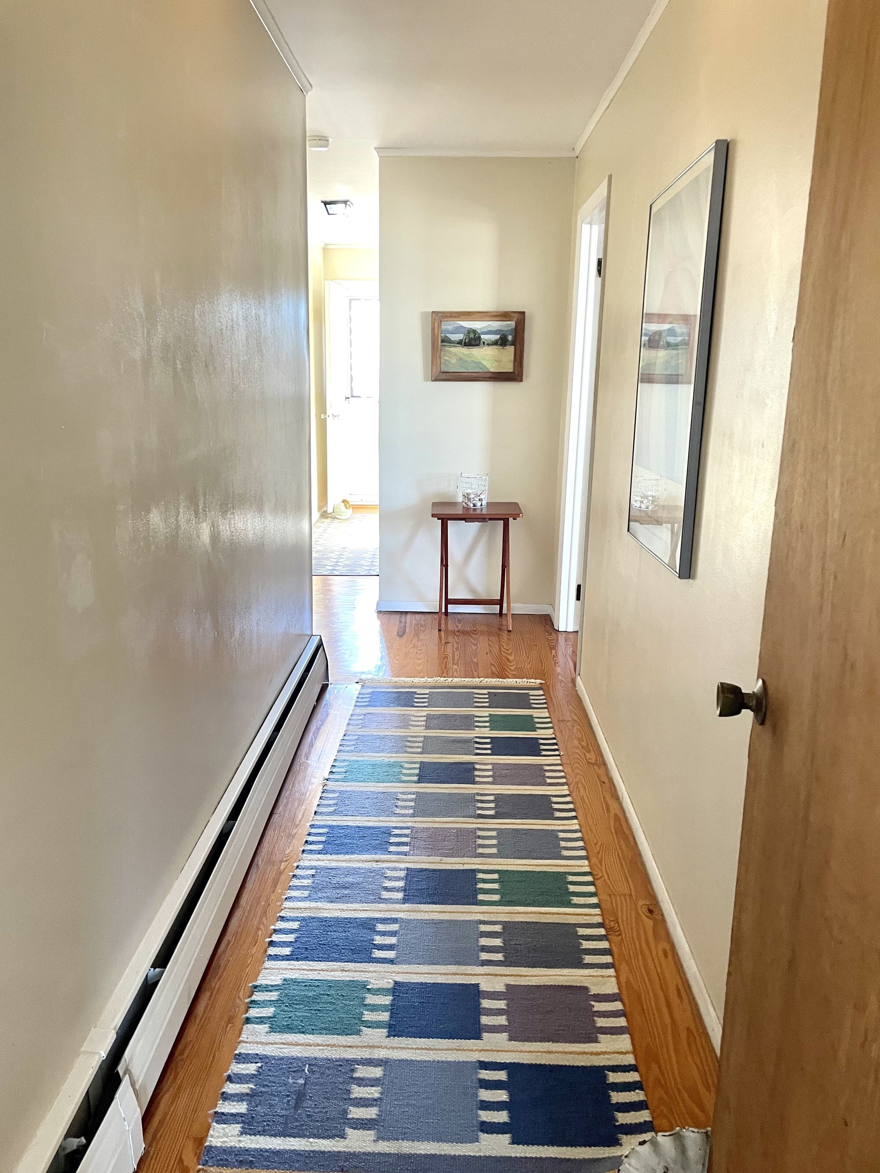 A hallway with a patterned rug, wooden flooring, and a door on the right.