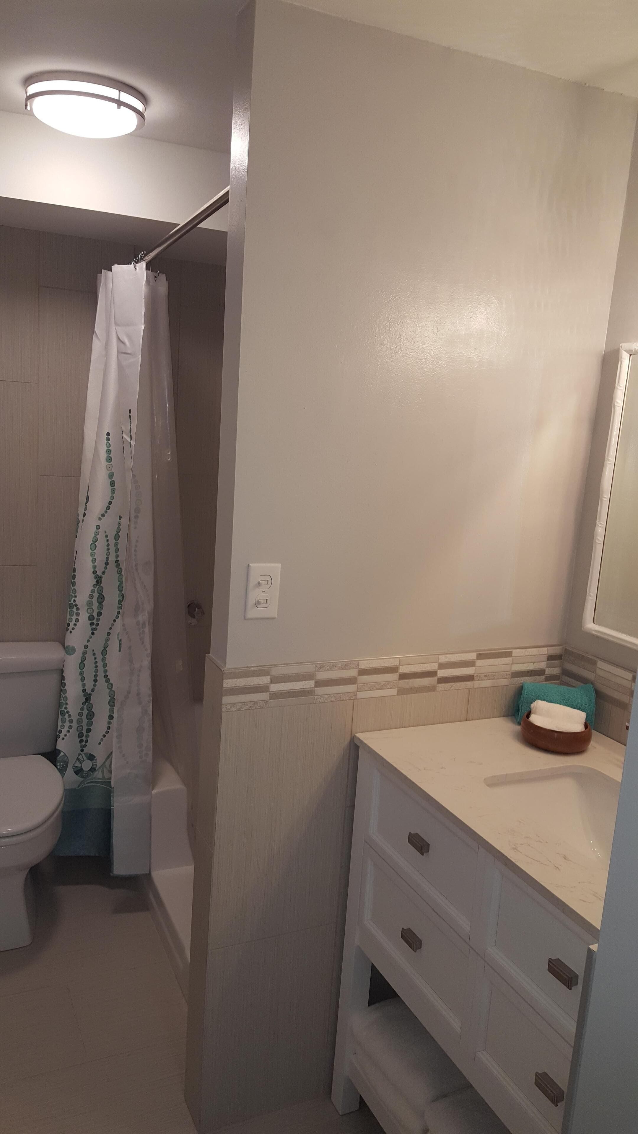 Shower, hair dryer, towels