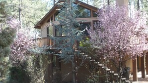 Une cabane en bois dotée d’un balcon, entourée d’arbres et de fleurs en pleine floraison.