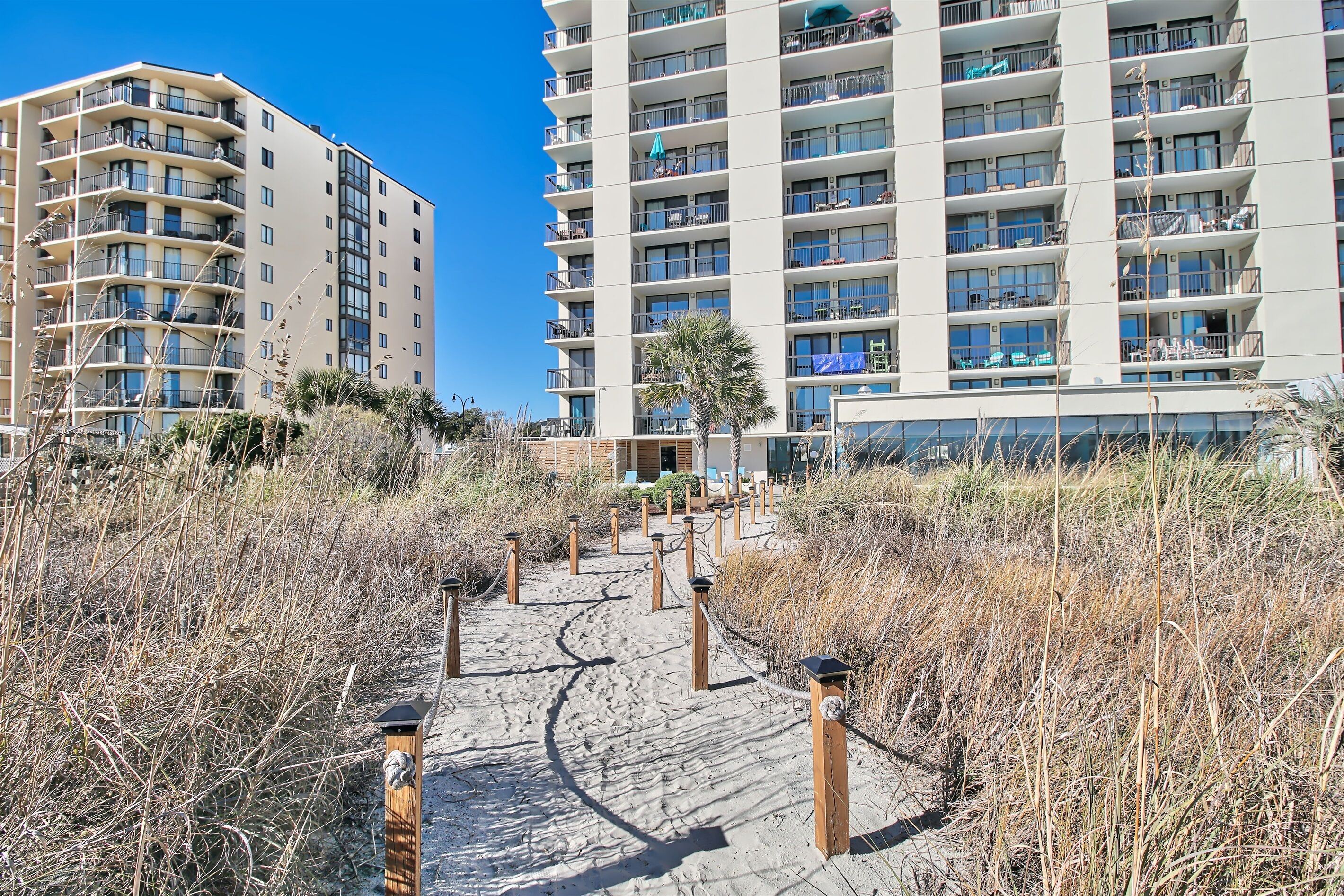 A pathway leading to a beachfront hotel with multiple balconies and a clear sky.