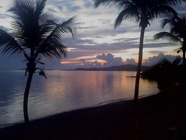 En la playa, camastros y toallas de playa 