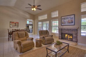 Smart TV, fireplace, DVD player, books