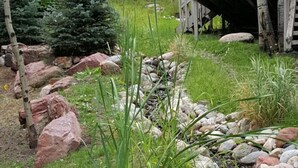 A wooden deck with a rustic bridge, surrounded by greenery and a small pond. - Sonnenblick 6: Ski In, Pool, Hot Tub, In the Heart of Snowmass, No Car Needed  (Snowmass Village)
