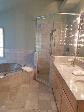 Combined shower/tub, jetted tub, hair dryer, towels