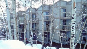 A multi-story building with balconies, surrounded by snow-covered trees. - Sonnenblick 6: Ski In, Pool, Hot Tub, In the Heart of Snowmass, No Car Needed  (Snowmass Village)