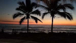 Une scène de plage avec des palmiers et l’océan au coucher du soleil.