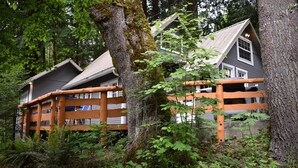 A cabin with a wooden deck, surrounded by dense forest. - The Cornerstone Cabin - Mount Rainier (Ashford)