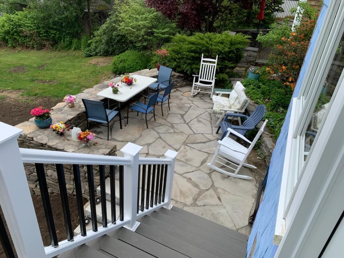 Just a few steps down from the dining room is this new, lovely waterview patio.