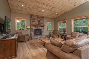 Smart TV, lareira, livros, aparelho de som