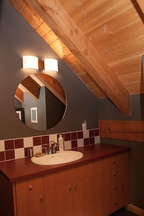 Combined shower/bathtub, hair dryer, towels, soap
