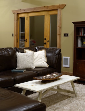 Tv, eldstad, dvd-spelare och en stereo