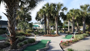 En golfbana med en grön puttinggreen, palmer och en asfalterad gångväg.