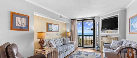 TV, fireplace, books