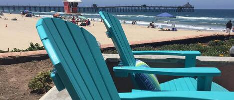 On the beach, sun loungers, beach towels