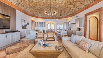 电视、壁炉、DVD 播放器、立体声音响