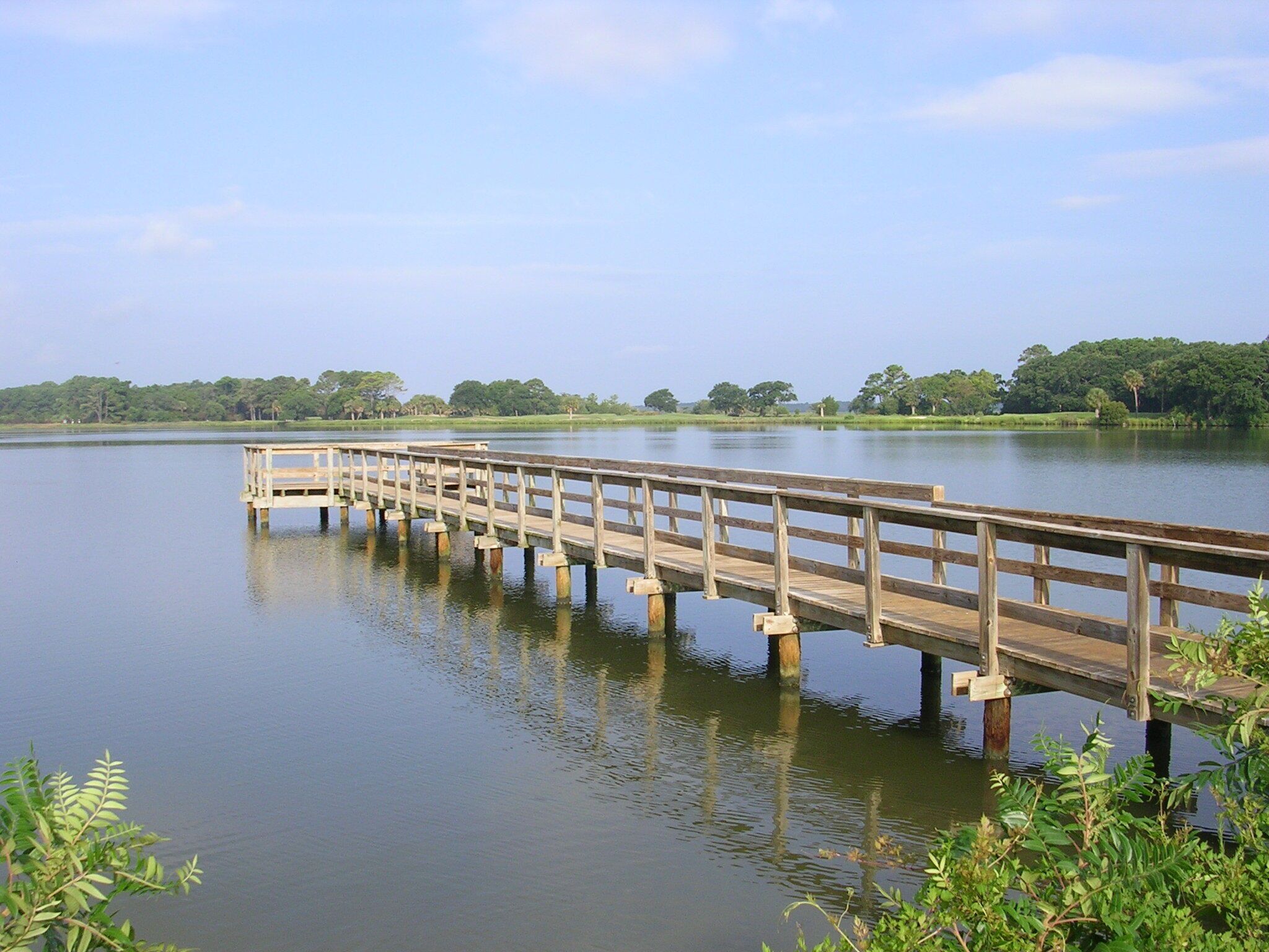 Eine hölzerne Pier, die sich über einen stillen See erstreckt, umgeben von üppigem Grün und Bäumen.