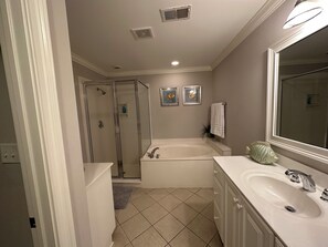 Bathtub, jetted bath, hair dryer, towels - Luxury 3BR 2.5 B Condo Just Steps from the Ocean! (Tybee Island)