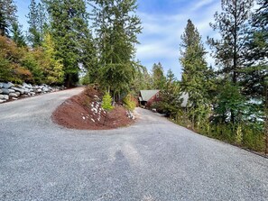 A gravel driveway leading to a house surrounded by trees.