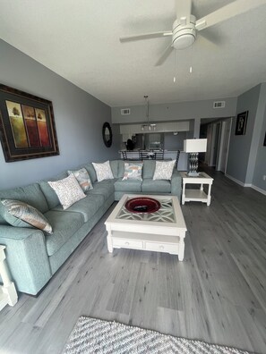 TV, DVD player, video library, stereo