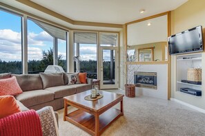 Smart TV, fireplace, DVD player, books