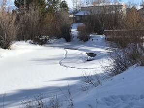 A snow-covered landscape with a path leading to a building. - AMAZING Mtn Views, Private Hot Tub, Fireplace, next to River Trail !! (Fraser)