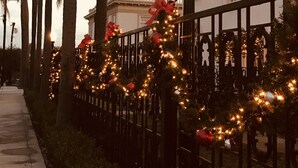A fenced area with palm trees and a building in the background. - Romantic Guest House, Spectacular Views, Close to everything , Private Hot Tub (San Diego)