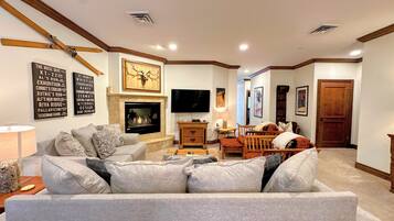 TV, fireplace, video game console, DVD player