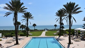 Un espace piscine doté de chaises longues et de palmiers, offrant une vue sur une plage et l’océan.