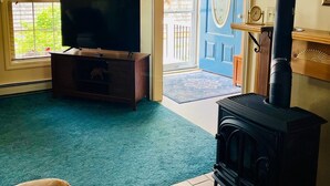 Una sala de estar con televisor, una puerta azul, chimenea y vistas al exterior.