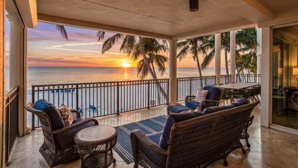 Een balkon met rieten meubilair, een uitzicht op de zonsondergang boven de oceaan en palmbomen.