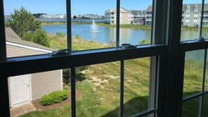 A view through a window of a building overlooking a lake with a fountain, grassy areas, and multi-story residential buildings in the background.