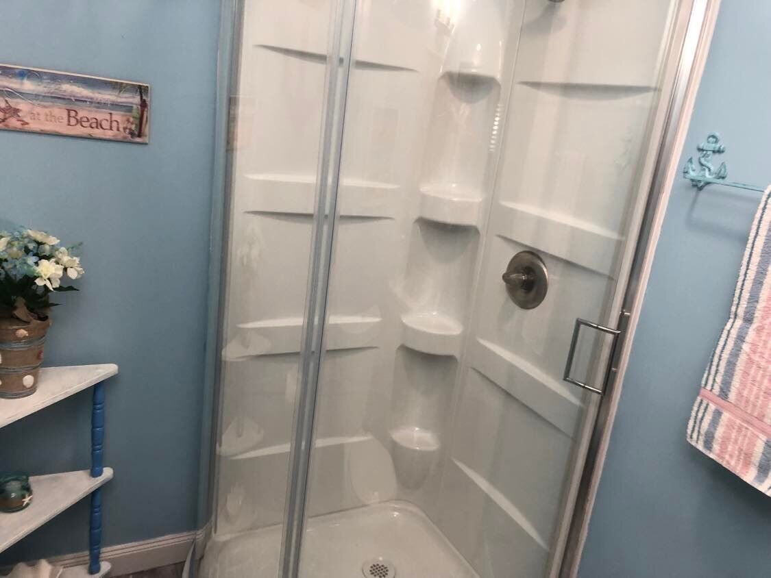 A shower with a glass door, a towel rack, and a shelf with a potted plant.