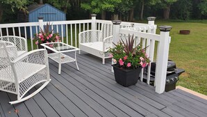 Une terrasse avec des chaises en osier blanc, une table en verre et des plantes en pot.