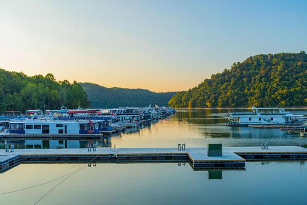 A marina with multiple boats docked, calm water, and a forested hillside in the background. - 5 BR, 3 King Beds, Fire Pit, Hot Tub, Game room! Amazing Year Round Lake View!! (Sparta)